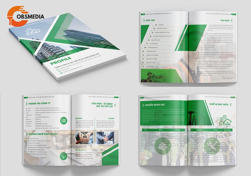 Profile của công ty xây dựng, bìa sử dụng hình ảnh công trình lớn, mạnh mẽ, tông màu xanh và xám chủ đạo